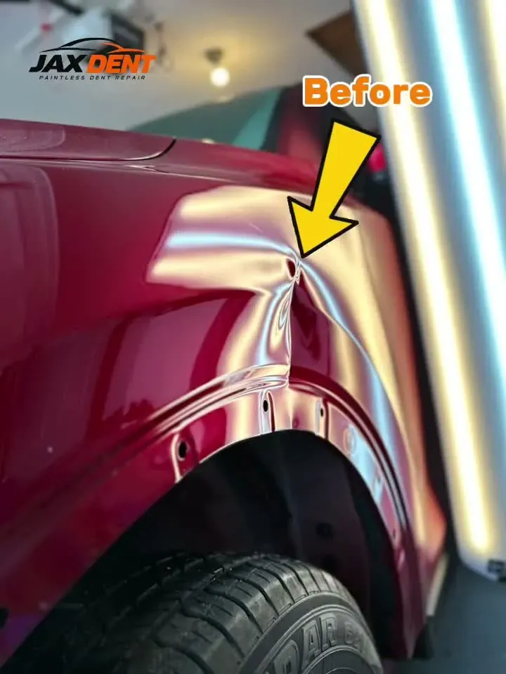 Montage of paintless dent repairs shown before and after: a red pickup bed-side crease, marked dents on a black panel and a silver rear quarter panel.