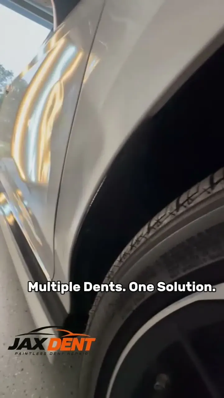 Before-and-after video of multiple dents repaired on the side of a silver sedan.